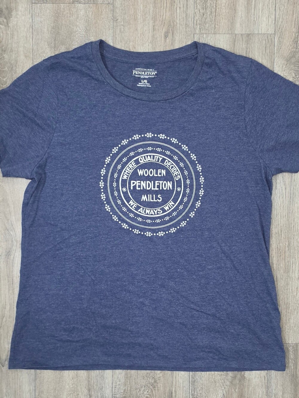 Pendleton Women's Blue Graphic Tee - Woolen Mills Logo-Size Large
